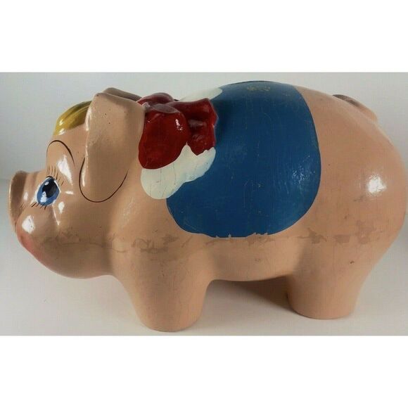 Piggy Bank VTG Molded Wood Fiber Mid Century MOD or Earlier Hand Painted 12.5" - Picture 1 of 8